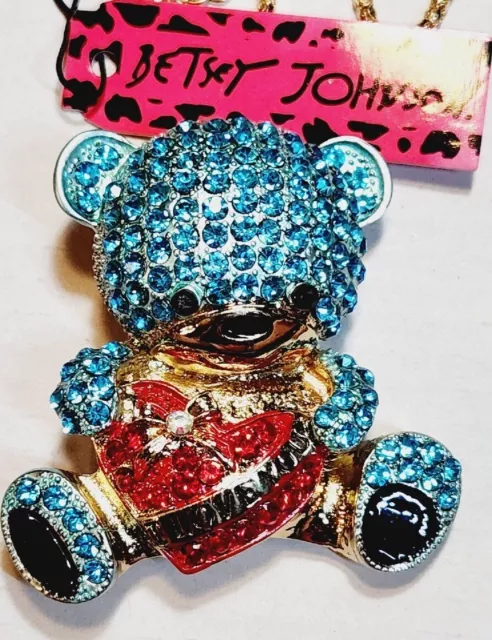 New Betsey Johnson Blue Crystal Cute Bear Love Rhinestone Pendant  Necklace Pin
