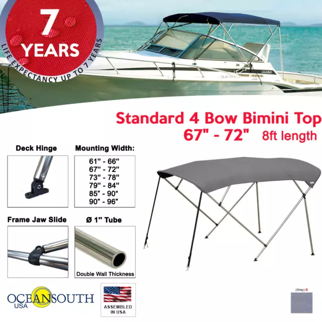 Standard BIMINI TOP 4 Bow Boat Cover Gray 67"-72" Wide 8ft Long W/ Rear Poles