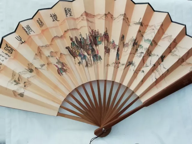 Large Chinese Silk Hand Fan The Silk Road Lacquered Wood Character Marks