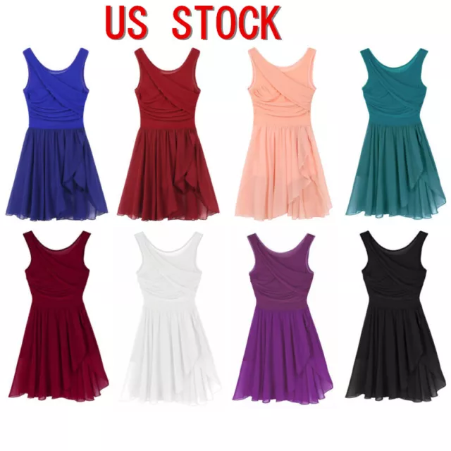 US Lyrical Dance Women's Contemporary Dance Costume V-Neck Chiffon Leotard Dress