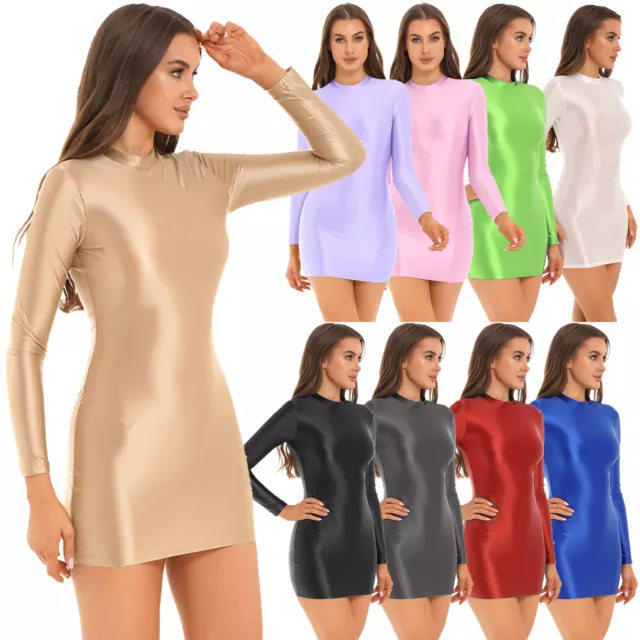 Womens Oil Glossy Micro Mini Dress Transparent Tight Pencil Bodycon Smooth Dress