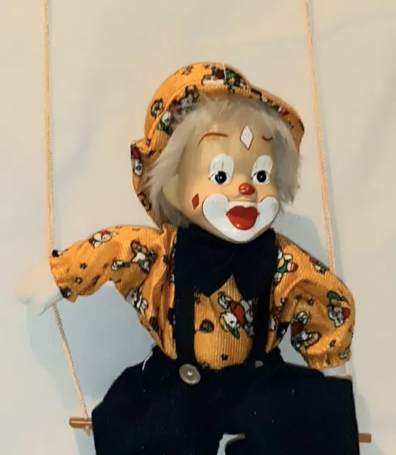 Clown Doll  Quality Hand Crafted Marionette Clown On Swing Porcelain Face