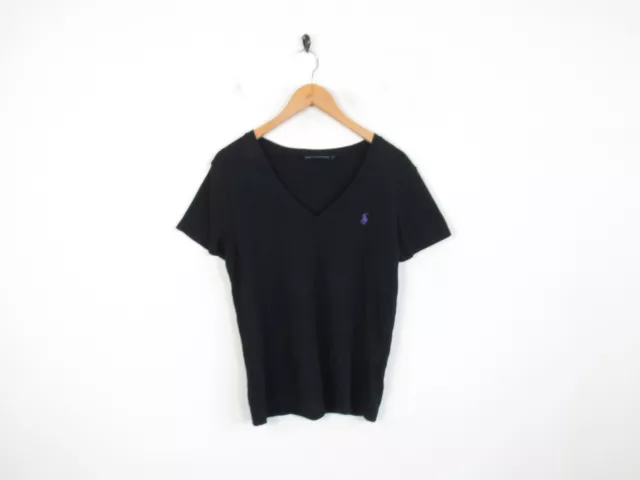 Ralph Lauren womens Black V-neck Short Sleeve Y2K Retro T-shirt Size XL