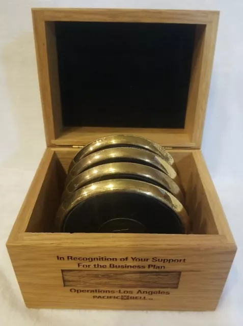 Vintage Pacific Bell Coaster Set Of 4 In Wood Case Operations-Los Angeles, NICE