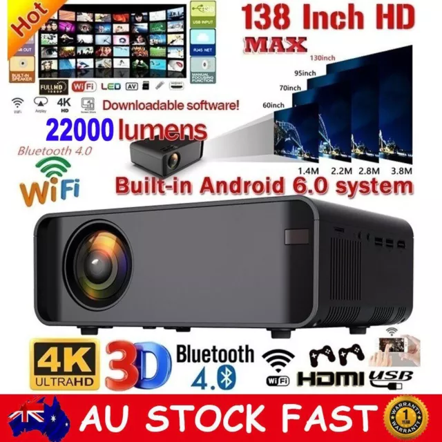 Projector 22000 Lumens 1080P HD 3D LED Mini WiFi Video Home Theater Cinema HDMI