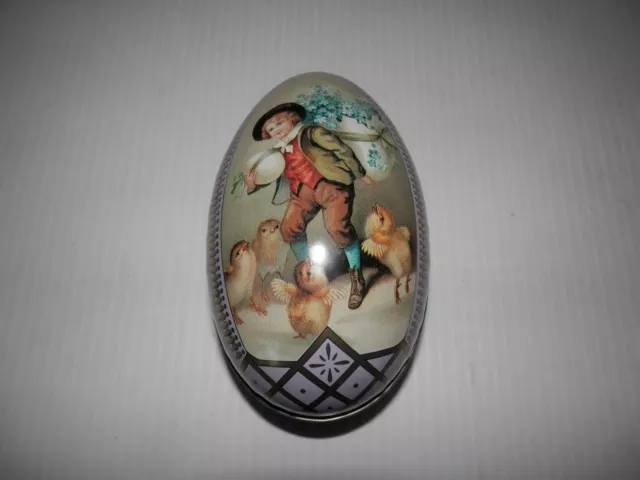 Vintage Metal Tin Easter Egg Purple Egg with Vintage Boy And Chicks Fillable