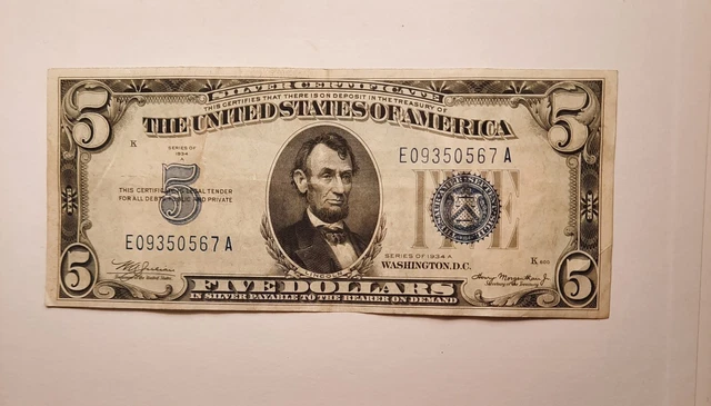 1934A $5 Dollar Bill Silver Certificate Blue Seal Note - Very Old