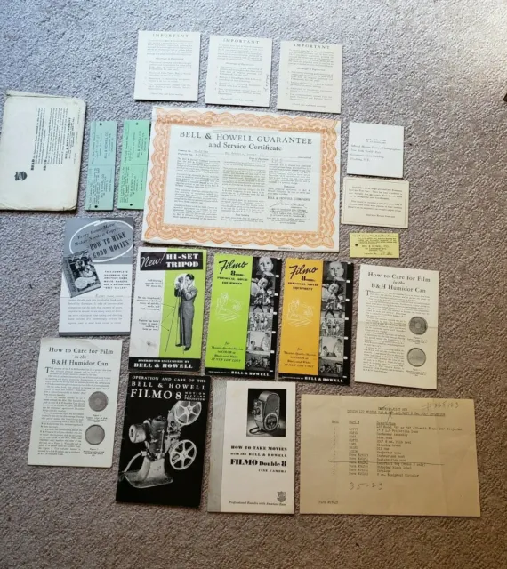 1940 Bell & Howell Guarantee, Service Cert, manuals, etc. About 13 items