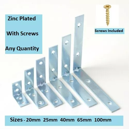 BRACKETS Corner Angle Braces - L Shape - Zinc Finish -  WITH SCREWS - ALL SIZES 3