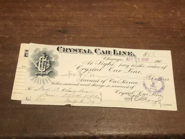 1907 Vintage Chicago IL Railroad Bank Check Crystal Car Line DL&W RR Postcard!!