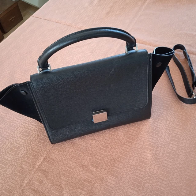 Sac Bandoulière En Cuir Véritable Et Daim Noir, Avec Chaîne Et Détails Bronze - Style Bourse élégant