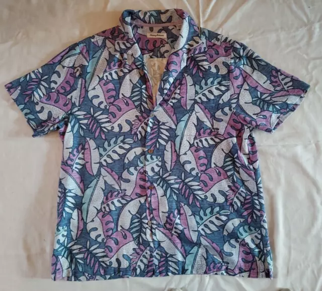 Tommy Baham Silk Short Sleeve Hawaiian Shirt Purple Leaves Pocket Size XL