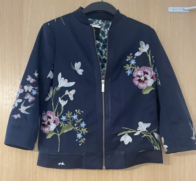 Ted Baker Bomber Jaket, Spring  Meadow , Floral, Dark Blue , Women Size 2