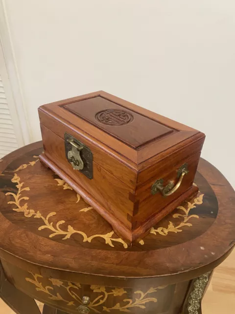 Stunning Vintage Solid Wooden Lockable Oriental Jewellery Box With Brass Details