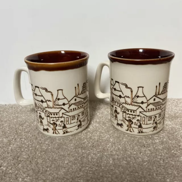 Vintage English Ironstone Tableware Pottery Mugs with Factory Scene Set of 2