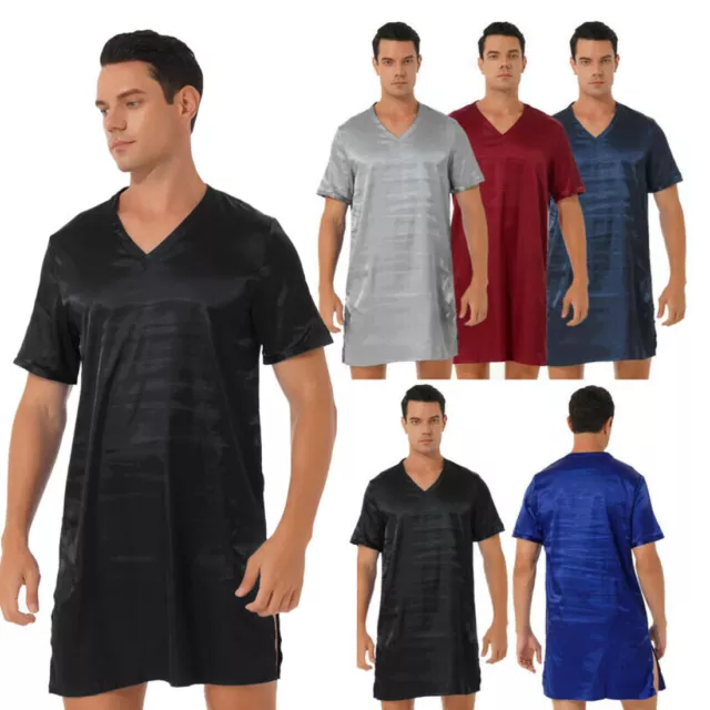 Men Satin Nightwear Short Sleeve Pajamas Nightgown NightShirt Lounge Sleepwear