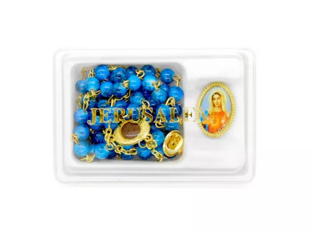 Blue Crystal Glass Beads Rosary With Virgin Mary Lapel Pin Holyland Jerusalem