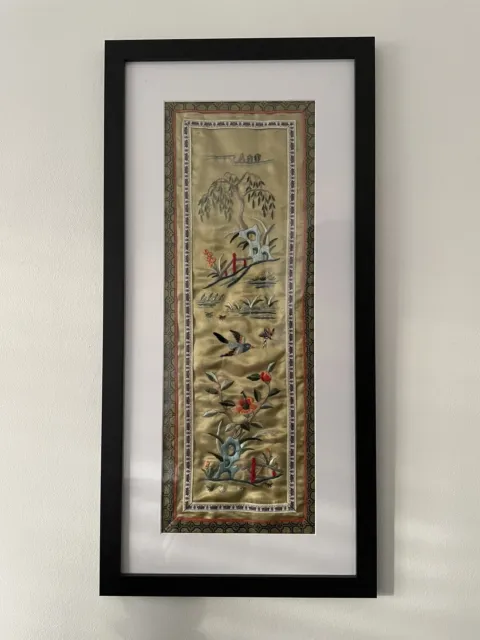 Oriental Chinese Vintage Silk Embroidered Mounted Framed Picture Embroidery