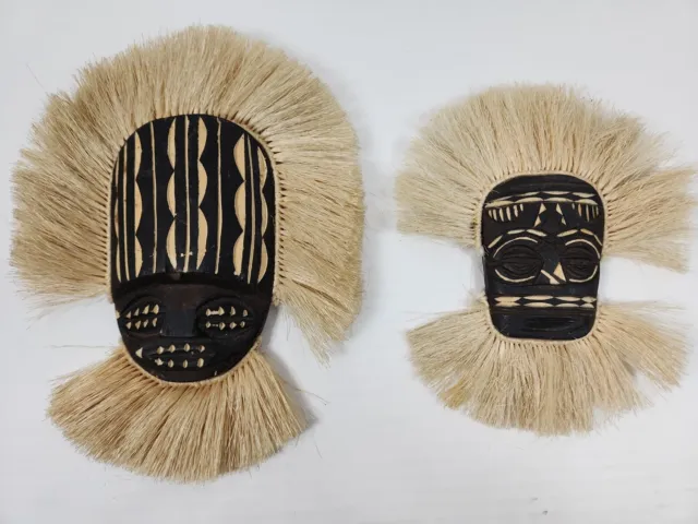 Ancestral Spirit Mask Mozambican African Wood Carved Rope Fringe Wall Decor