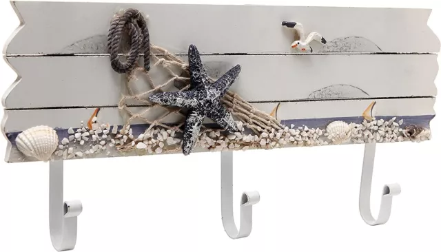 Oceanic Coastal White Sandy Beach Style Wood 3 Metal Coat Hooks Wall Rack