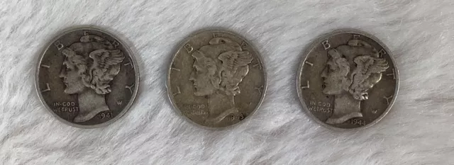 Mercury Dime Lot of 3.  Dates-1941 D, 1943 S, 1944
