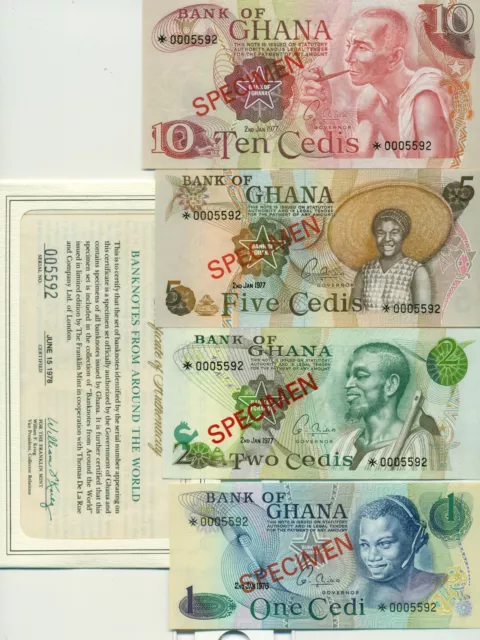 Ghana set of 4 1973 Specimen Notes 1, 2, 5, 10 Cedis UNC with Certificate 2