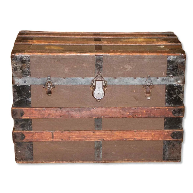 Ships Free - Antique Steamer Trunk Flat Top Brown Canvas 1890's