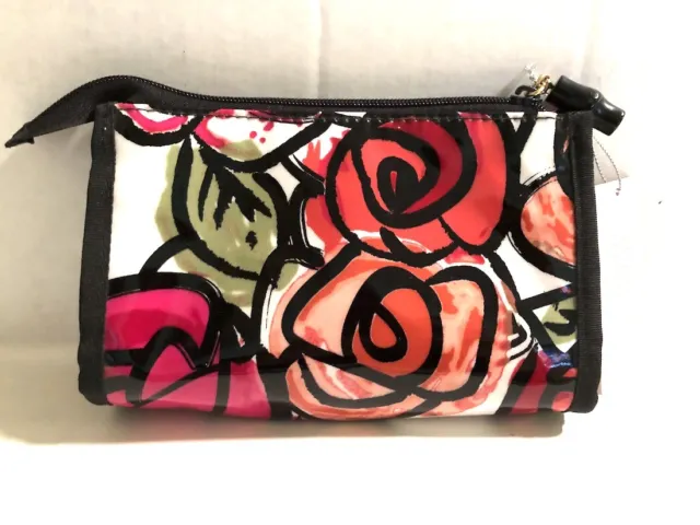 NWT Samantha Johnson Rose Floral Cosmetic Pouch Bag Pink Black White Green Case