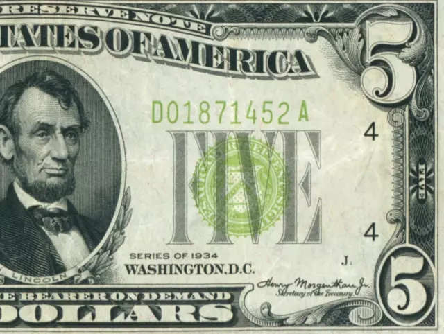 $5 1934 LGS LIME ((LIGHT GREEN SEAL)) Federal Reserve Note DAILY CURRENCY