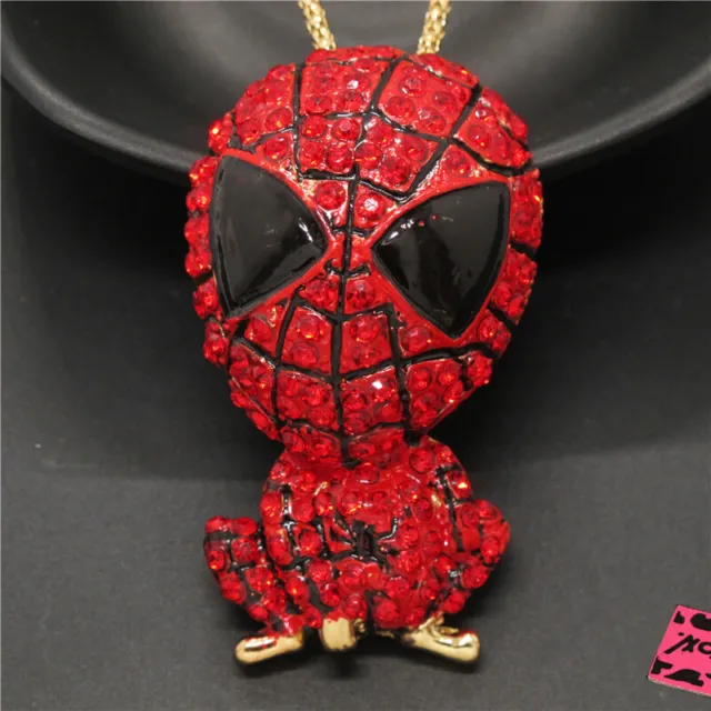 Betsey Johnson Cute Red Spiderman Hero Bling Crystal Pendant Chain Necklace