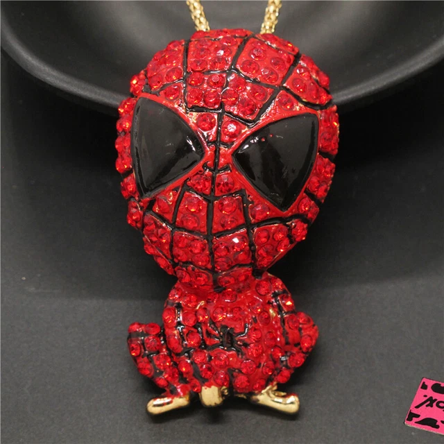 Betsey Johnson Cute Red Spiderman Hero Bling Crystal Pendant Chain Necklace