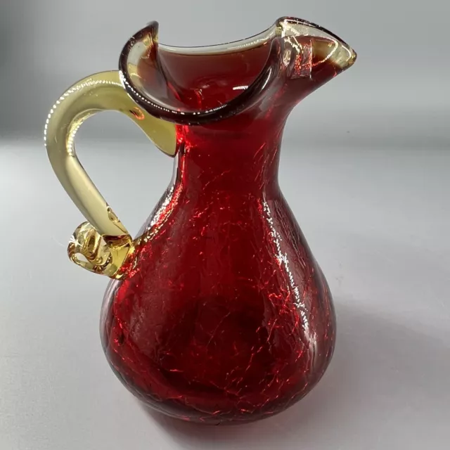 Art Glass Hand Blown Pitcher Amberina Style Ruby Red & Amber Crackle Ruffled Top 3