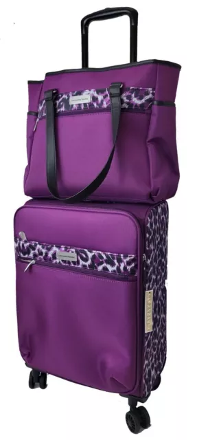 Samantha Brown 22" Spinner with Satchel 2-piece Set Purple Leopard NWT