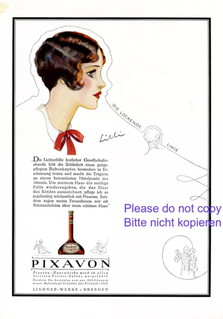 Shampoo Pixavon XL Reklame von 1928 Bubikopf Frisur Friseur Locken Dauerwelle ad