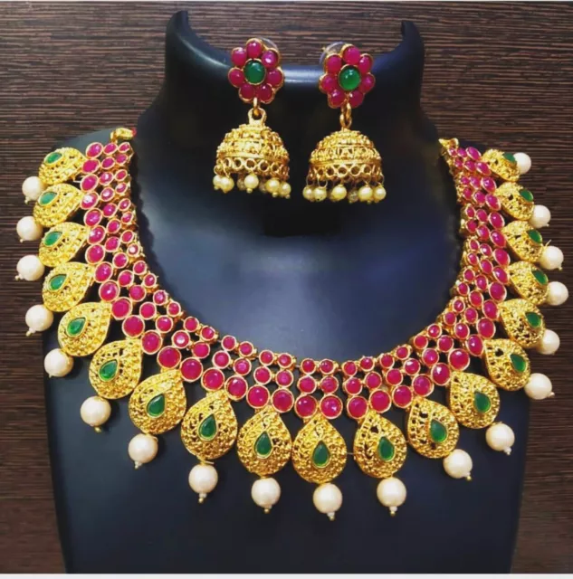 Traditional Gold Plated Red Green Stone Pearl Choker Necklace Jhumki Set