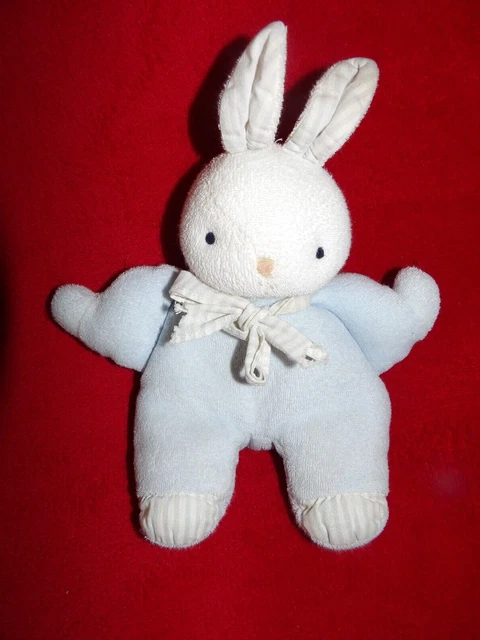 Doudou Peluche Tigex Lapin Eponge Bleu Blanc 25 cm