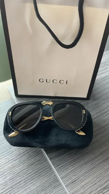 Gucci GG0307S Aviator Black And Gold Folding Unisex Sunglasses With Rhinestones