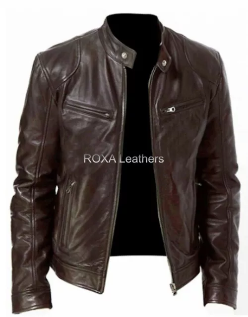 Uomo Originale Vacchetta Vera Pelle Giacca Moto Mucca Casual Indossare Marrone
