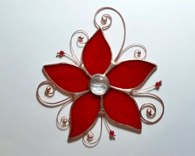 Stained glass red flower suncatcher, windows hanging decor 3