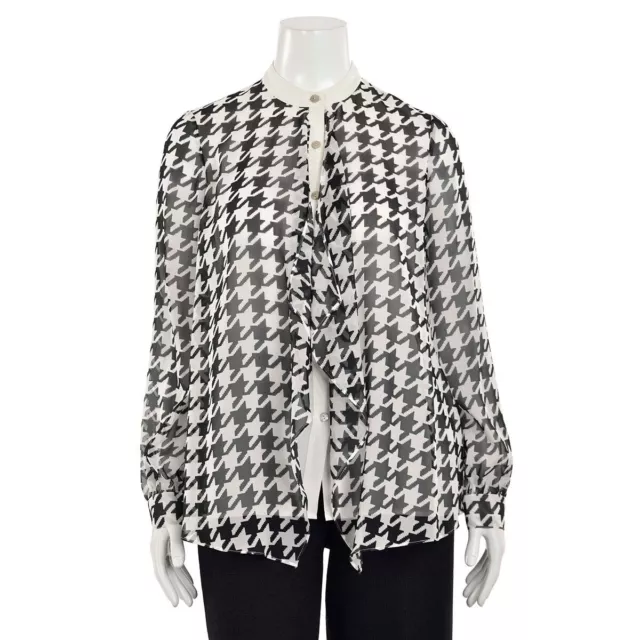 St. John Knits Black/White Houndstooth 100% Silk Blouse Button Up Shirt Top sz 6