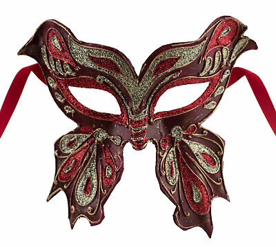 Mask from Venice Farfella Red Golden Glitter Butterfly Paper Mache 22527