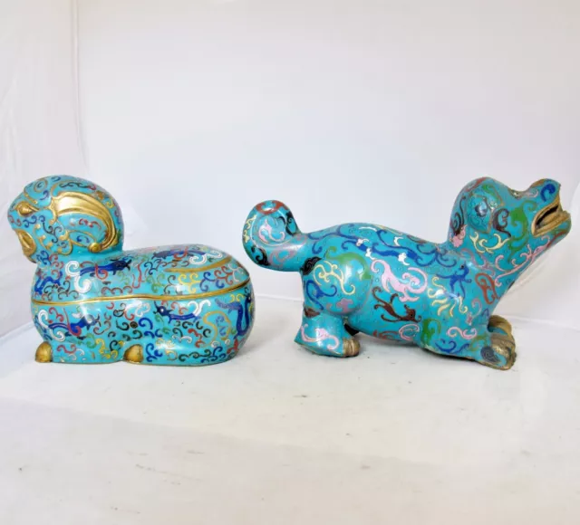 Antique or Vintage Chinese Blue Cloisonne Dog Statue & Ram Box w/ Archaic Design 3