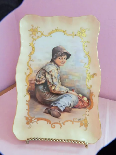 French Elite Limoges Hand Painted Serving Tray Plaque M M Hills Apple Farm Girl