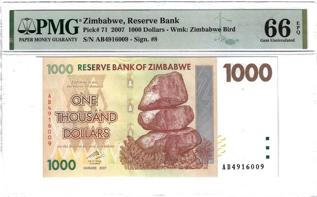 P-71 2007 1000 Dollars, Zimbabwe, Reserve Bank, PMG 66EPQ GEM +!
