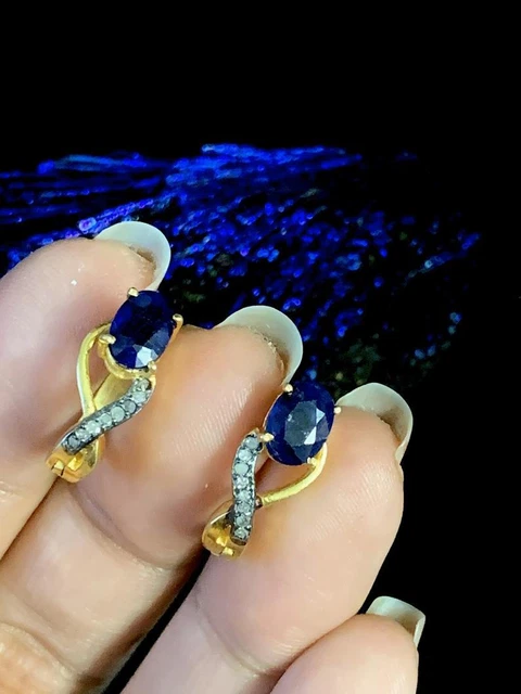 Earring Natural pave Diamond Sapphire Gemstone 925 Sterling Silver Jewelry HG