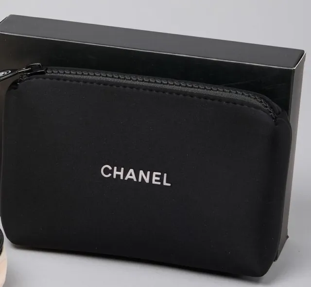CHANEL Black Nylon Neoprene Cosmetic Makeup Pouch Zip Bag with Box. New
