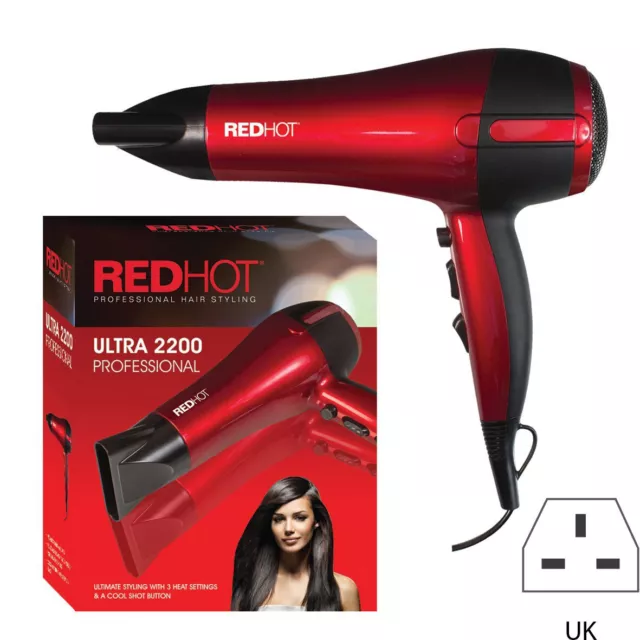 Red Hot 2200W Professional Style Hairdryer 3 Heat 2 Speed Hair Dryer 37060