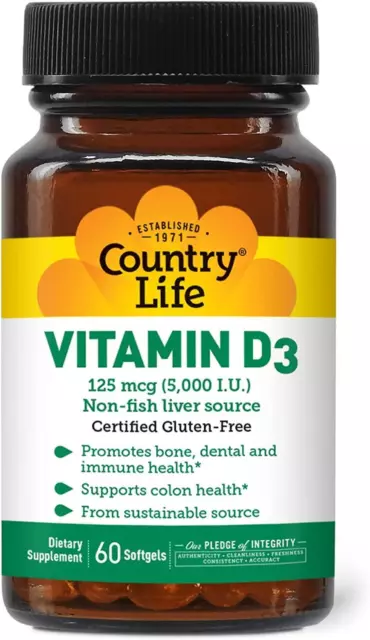 Country Life Vitamine D3 5000iu 60 Gélule, Fort OS, Immunitaire Support