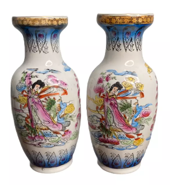 Pair of White Oriental Vase with Colorful Geisha Woman