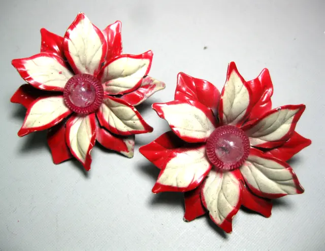 Vintage Christmas Poinsetta Enamel & Glass Push Pin Curtain Tie Backs (Red/Wh)